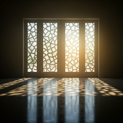 Serene morning light filtering through geometric window screens